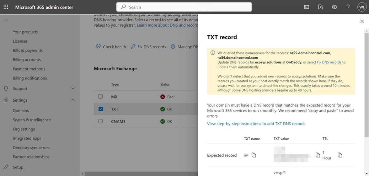 Screenshot of the Microsoft 365 configuration TXT dialog box